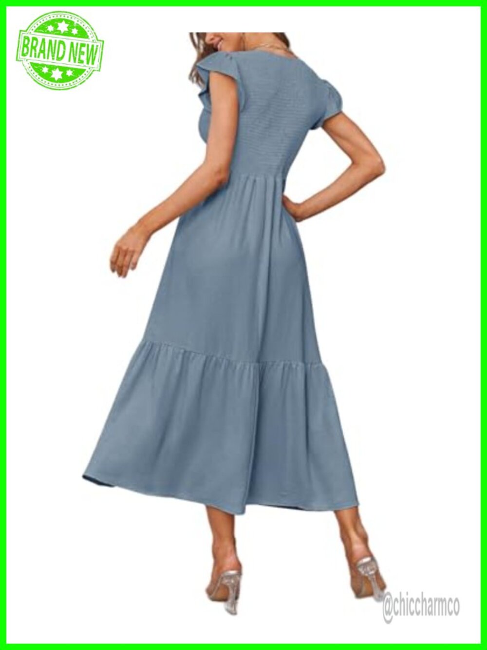 Nursing Dress Flutter Short Sleeve Crew Neck Smocked Elastic Waist Tiered Midi - Picture 2 of 6